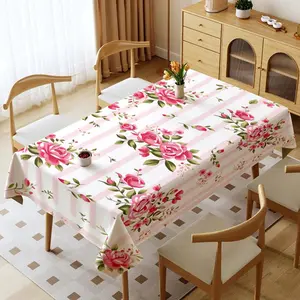 1pc Rectangular Tablecloth, Multiple Sizes, Multi - Color Polyester, Washable & Thickened, Waterproof & Oil - Proof, Ideal for Home & Outdoor. With Pink Stripes & Floral (Roses + Green Leaves) Patterns to Boost Dining Area's Warm Homey Vibe