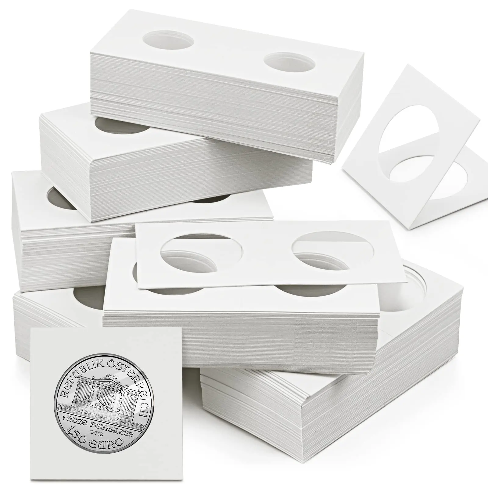 Cardboard Coin Holder Organizer (300 Pcs) - 6 Assorted Sizes Including 2" x 2" Cardboard Shell Shields Coins Gently, Foldable Home Storage Boxes for Collectibles, Coin Organizer, Organiser