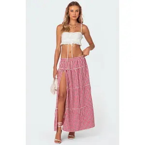 Edikted Women's Gingham Side Slit Tiered Maxi Skirt - Multicolor