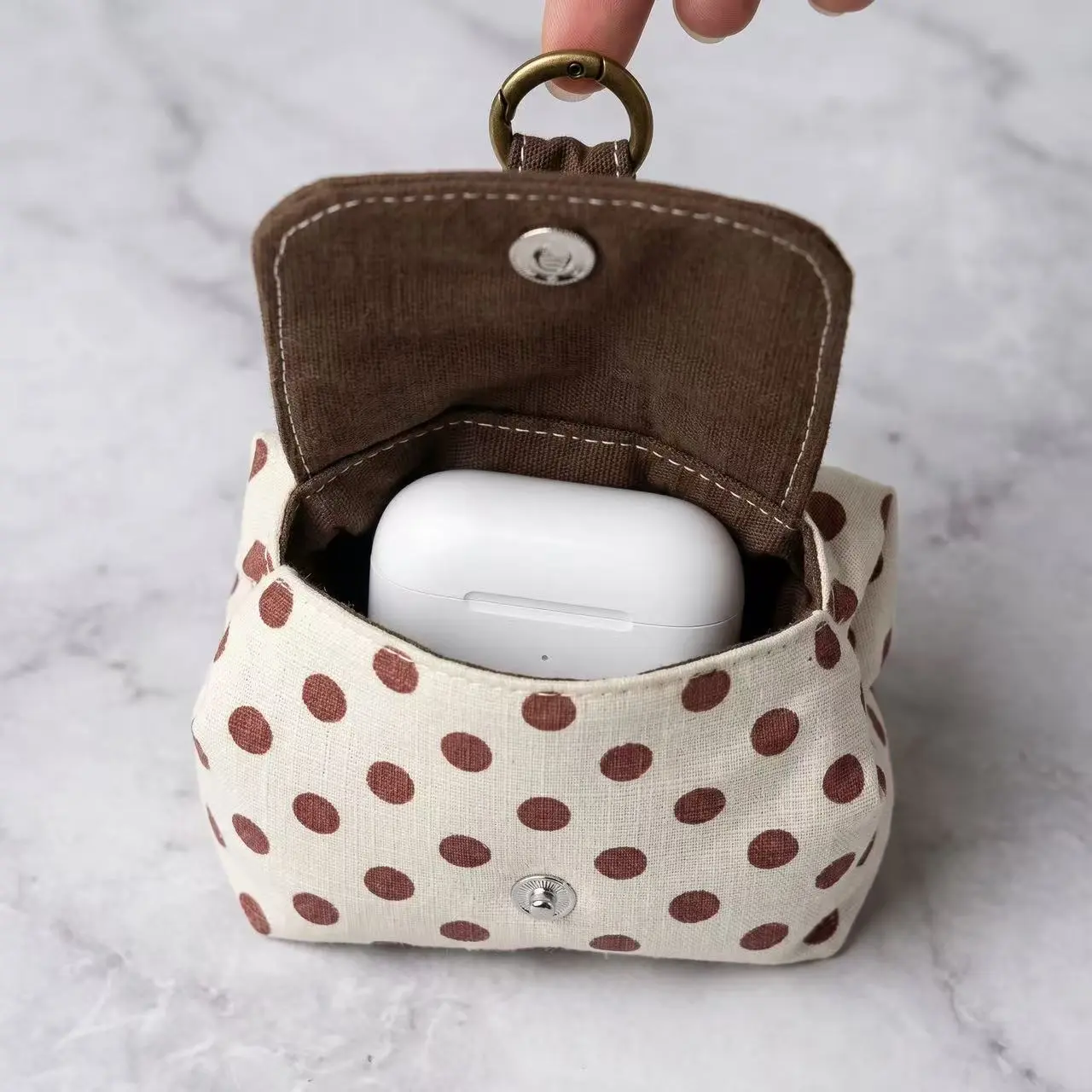 Mini Canvas Wireless Earbud Case with Keychain, Polka Dot Design, Snap-Closure Headphone Storage Pouch