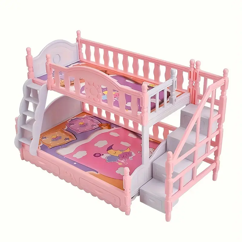 Mini Dollhouse Twin Bed Furniture Set, Miniature Set, Upper Lower Bunk Bedroom Scene Model, Kids Role Play Toy Accessories, Home Decor Gift Idea