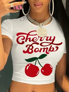 Women's Cherry & Letter Print Round Neck Crop Tee, Casual Short Sleeve Crew Neck Skinny T-shirt for Summer, Fashion Women's Top for Daily Wear, Graphic Tees Women, Aesthetic Fruit Tee, Women's Clothing, T Shirts for Women