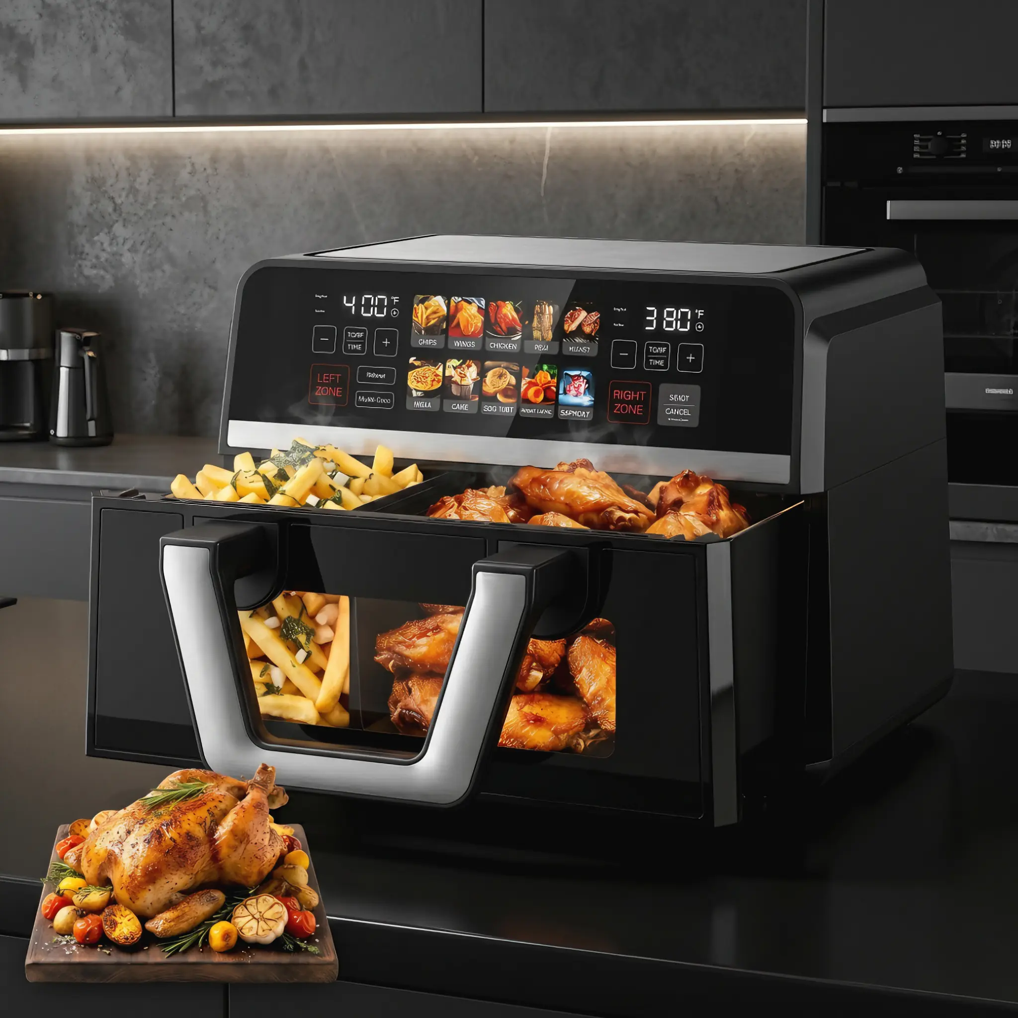 10QT Dual Basket Air Fryer with Viewing Window - Large Family-Size Digital Model by Dealforyourday, 100°F to 400°F Wide Temperature Control, Digital Settings, Dual-Zone Versatility, Sync Finish for Roasting & Baking, Healthy Meal Maker