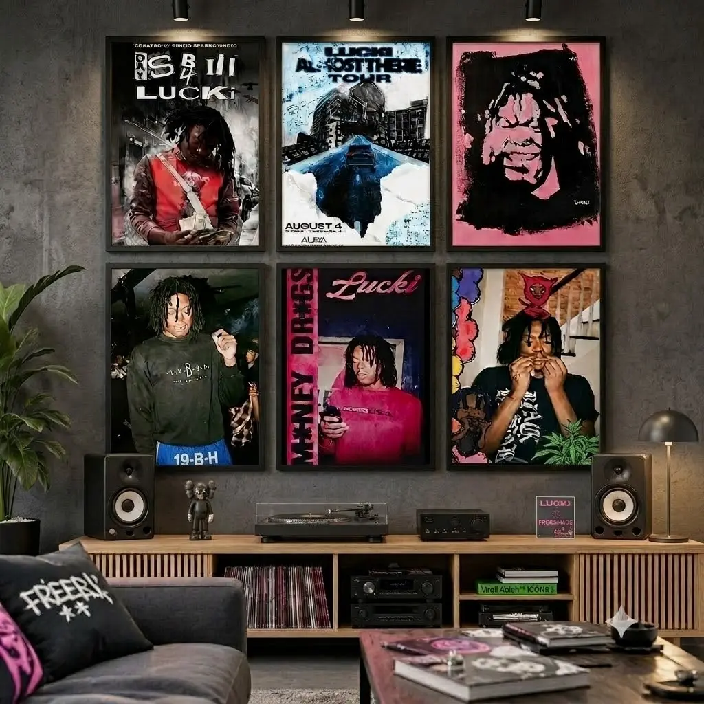 Lucki Rap Album Cover Canvas Wall Art Set, Vintage Hip Hop Tour Sketch Graffiti Portrait Poster Bundle, Underground Trap Rap Music Gallery Decor, Unique Gift For Lucki Trap Hip Hop Fans Bedroom Studio