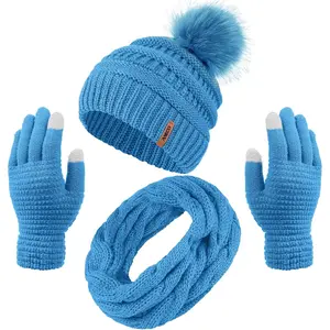 Bubble Kingdom Women's Winter Warm Sets Knitted Fur Pompoms Beanie Hat Circle Loop Scarf Touch Screen Gloves