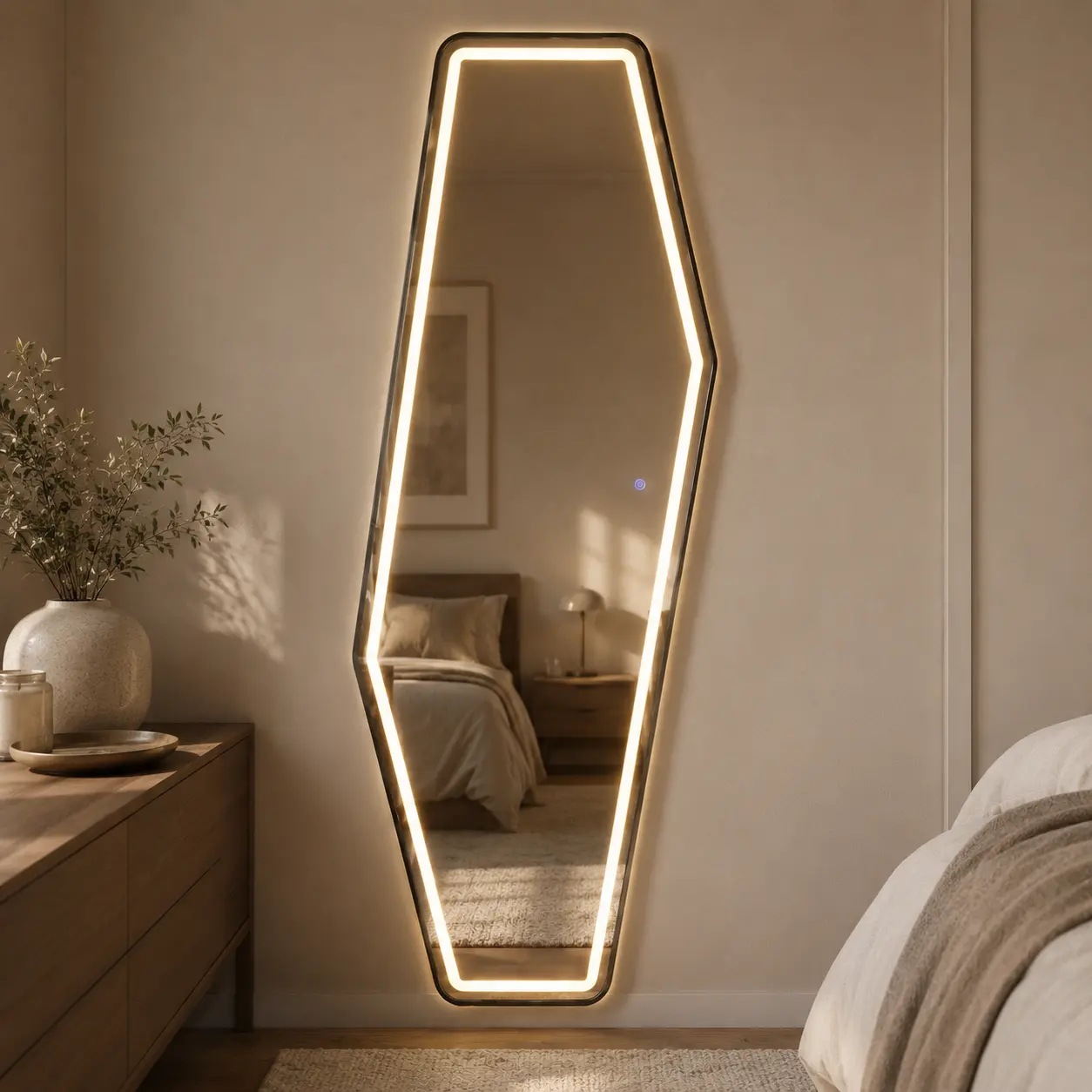 65" x 25" Irregular Geometric LED Full Length Wall Mirror, Asymmetrical Tempered Glass Dressing Mirror with 3 Color Lighting and Touch Control for Bedroom Closet Entryway