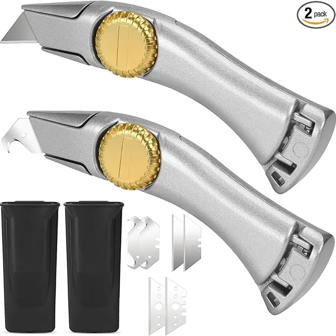 Heavy Duty Roofing Knife, 2 Pack Utility Knife with 3 functions for 6 blades Box Cutter with Holster Belt Clip Roofing Tools for Carpet, Outdoor & Indoor