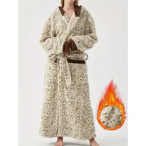 SERACAL Leopard Print Hooded Robe Plush Fleece Sleep Dress Cozy Winter Nightgown Sexy Loungewear with Adjustable Hood & Self-Tie Belt for Ultimate Comfort 100% Premium Brushed Polyester Coral Fleece
