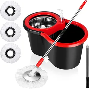 Spin Mop and Bucket with Wringer Set, 360° Spinning Mop Bucket System with 3 Microfiber Mop Replacement Heads and 61" Stainless Steel Adjustable Handle for Floor Cleaning