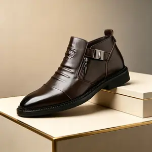 Men’s casual black ankle boots with a smooth surface and side zipper and buckle design; fashionable Chelsea boots, work style, retro style, classic fashion, casual ankle boots.
