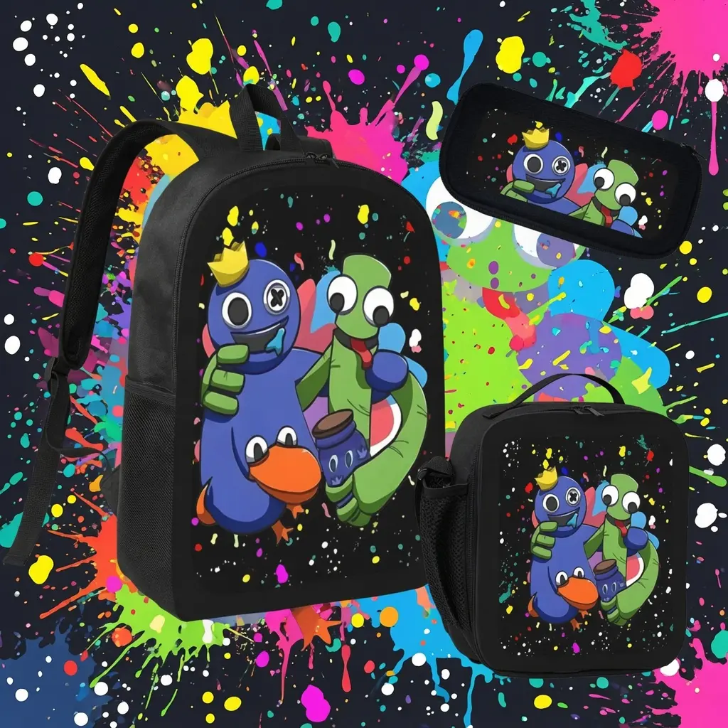 Unisex Rainbow Friends Cartoon 3-Piece Back to School Haul Backpack Set - 17in Lightweight Kids Polyester Oxford Rucksack, Insulated Lunch Box, Zipper Pencil Case, Colorful Blue Green Orange Character Print, Gift for Game Fans