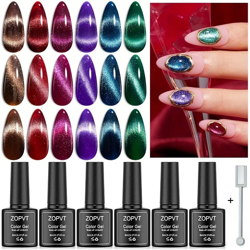 6 Color Holographic Glitter Cat Eye Nail Polish Set, Nail Art Polish, 8ML Each, Requires LED/UV Light Curing, Removable Gel, Includes Magnetic Brush