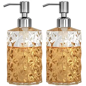 2 Pcs Soap Dispenser, 12 Oz Clear Diamond Design Glass Refillable Hand Soap Dispensers; Lotion Dispensers for Kitchen, Bathroom