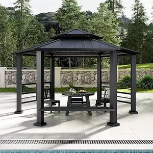 AMERLIFE 13X15FT Hardtop Gazebo, Hexagon Outdoor Gazebo, Double Tiered Aluminum Patio Pavilion with Dual Rails, Ceiling Hook and Bench for Patio, Garden, Backyard Shade