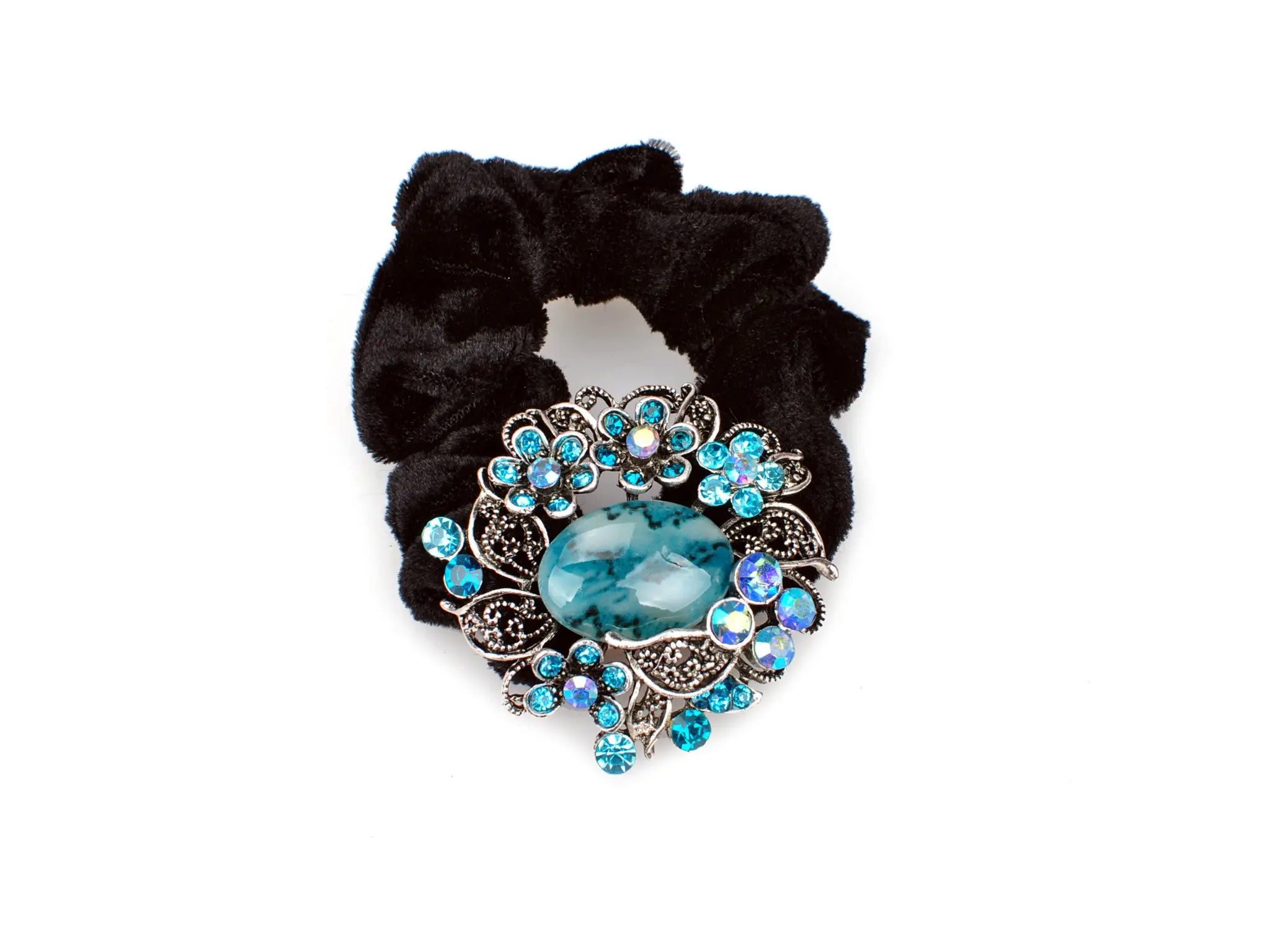 Wreath design pony tail holder with translucent beads and crystals - Blue