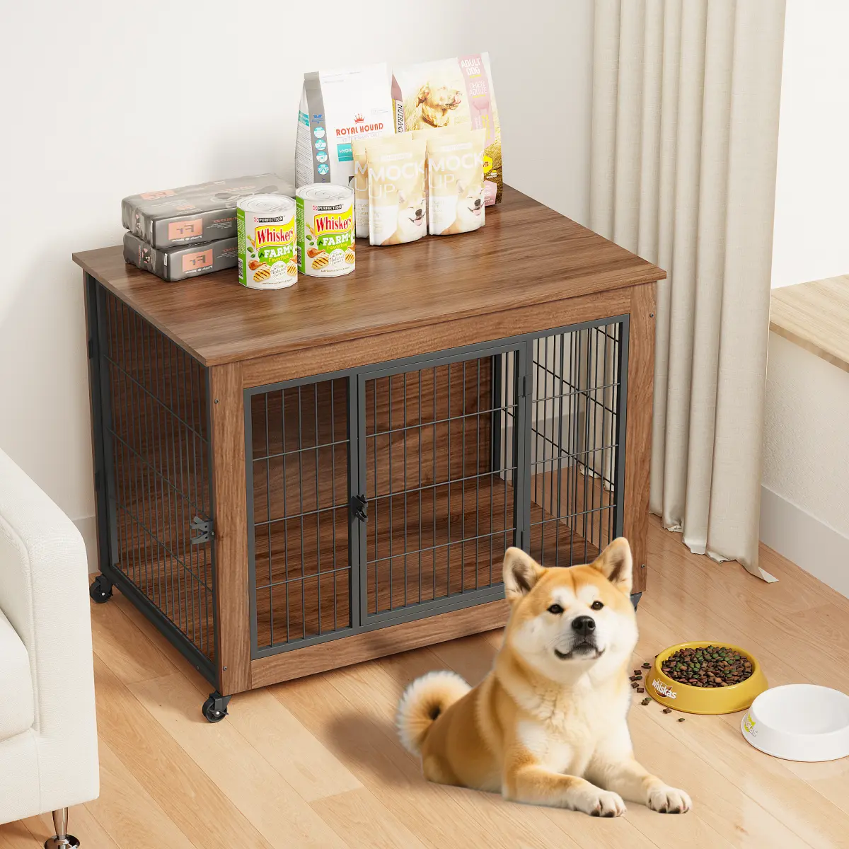 Wheeled Small Dog Crate Kennel Furniture - 2-Door Heavy-Duty Indoor Wooden Pet House with End Platform, Sturdy Metal Design for Anxious Dogs