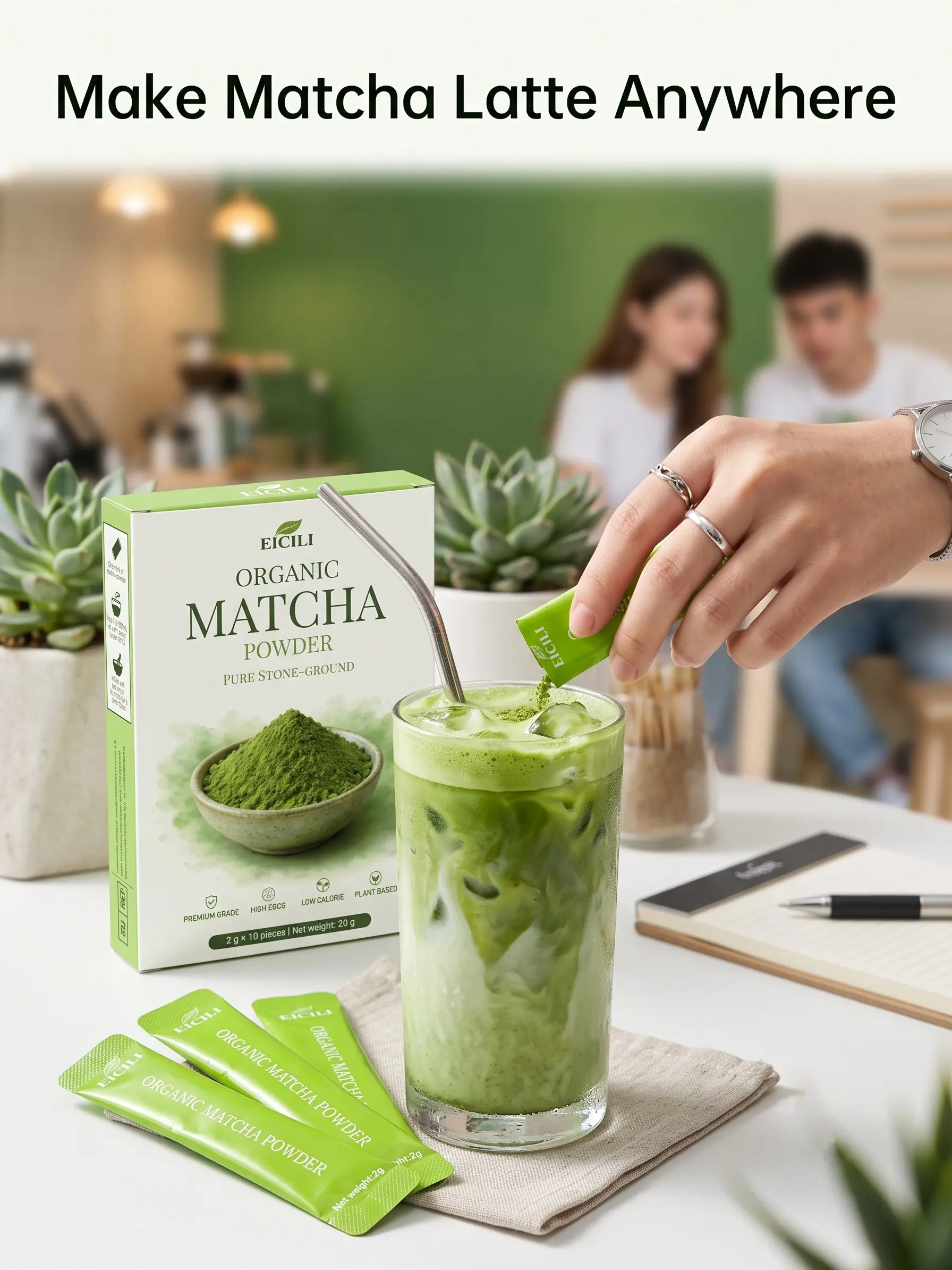 EICILI USDA Organic Matcha Latte Powder Sticks - Premium Green Tea Matcha Mix, Single Serve Packets for Hot & Iced Drinks, Smooth Flavor, 10 Count