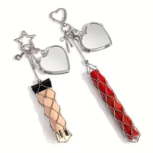 Stainless Steel Lipstick Holder Keychain for Women - Bling Heart & Star Charm with Mirror & Lip Balm/Lotion Case, Pink Mesh-like Metal Organizer with Key Ring, Cute for makeup Bag Accessory, Durable Gift