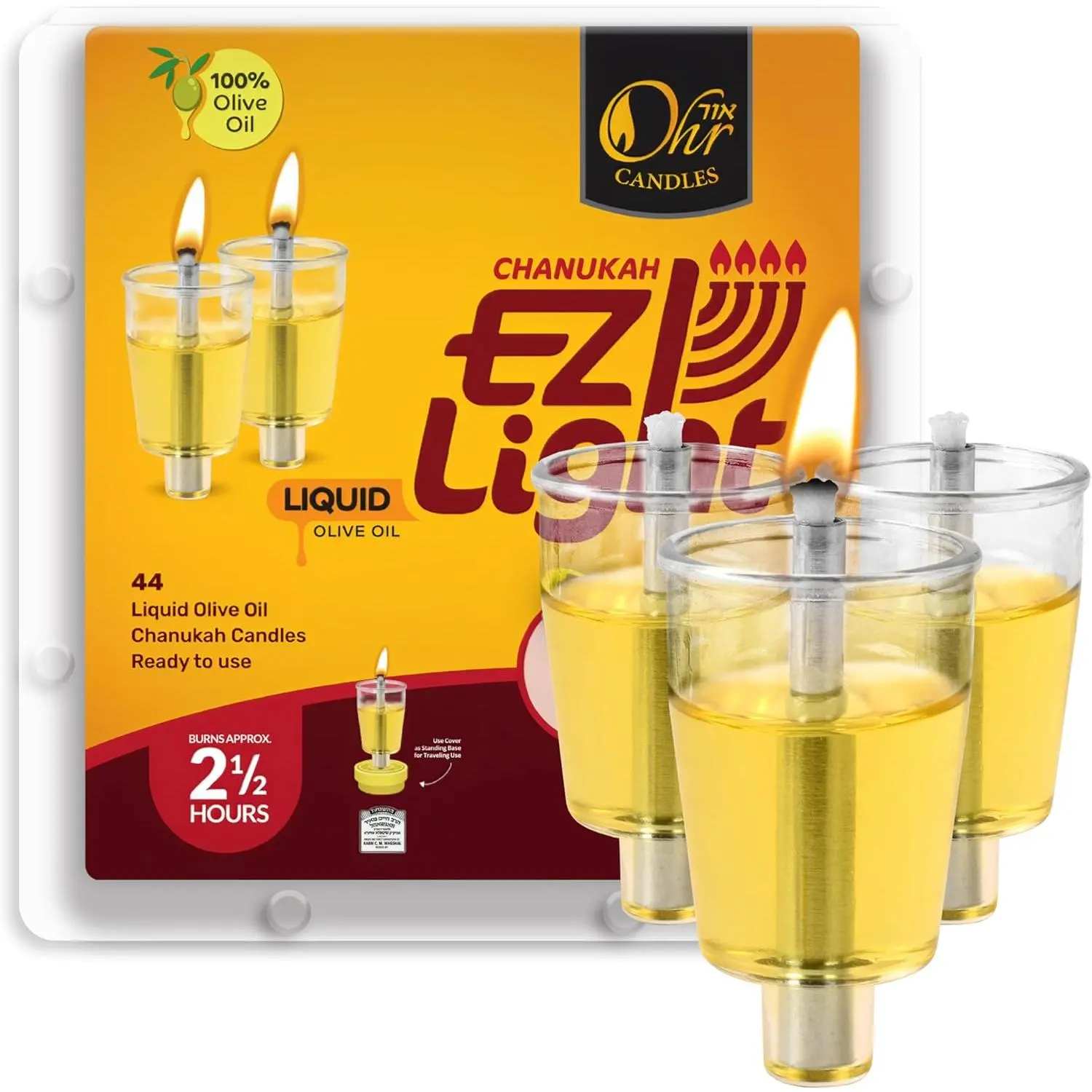44-Pack Pre-Filled Hanukkah Menorah Oil Candle Cups - 100% Olive Oil, Cotton Wick, 2.5 Hrs Burn Time, EZ Lights Home Decor Ornaments for Festive Supplies, Decoration, 2.5 Hours