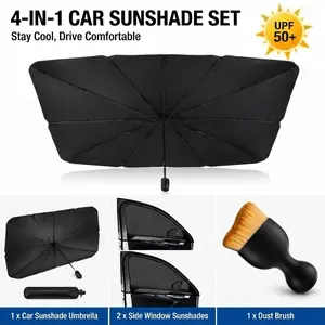 4-in-1 car windshield sun shade set. Package includes foldable sun visor, car window mosquito net and interior cleaning brush. It blocks UV rays and insulates heat. Available in large & small sizes, fits sedans, trucks and SUVs.
