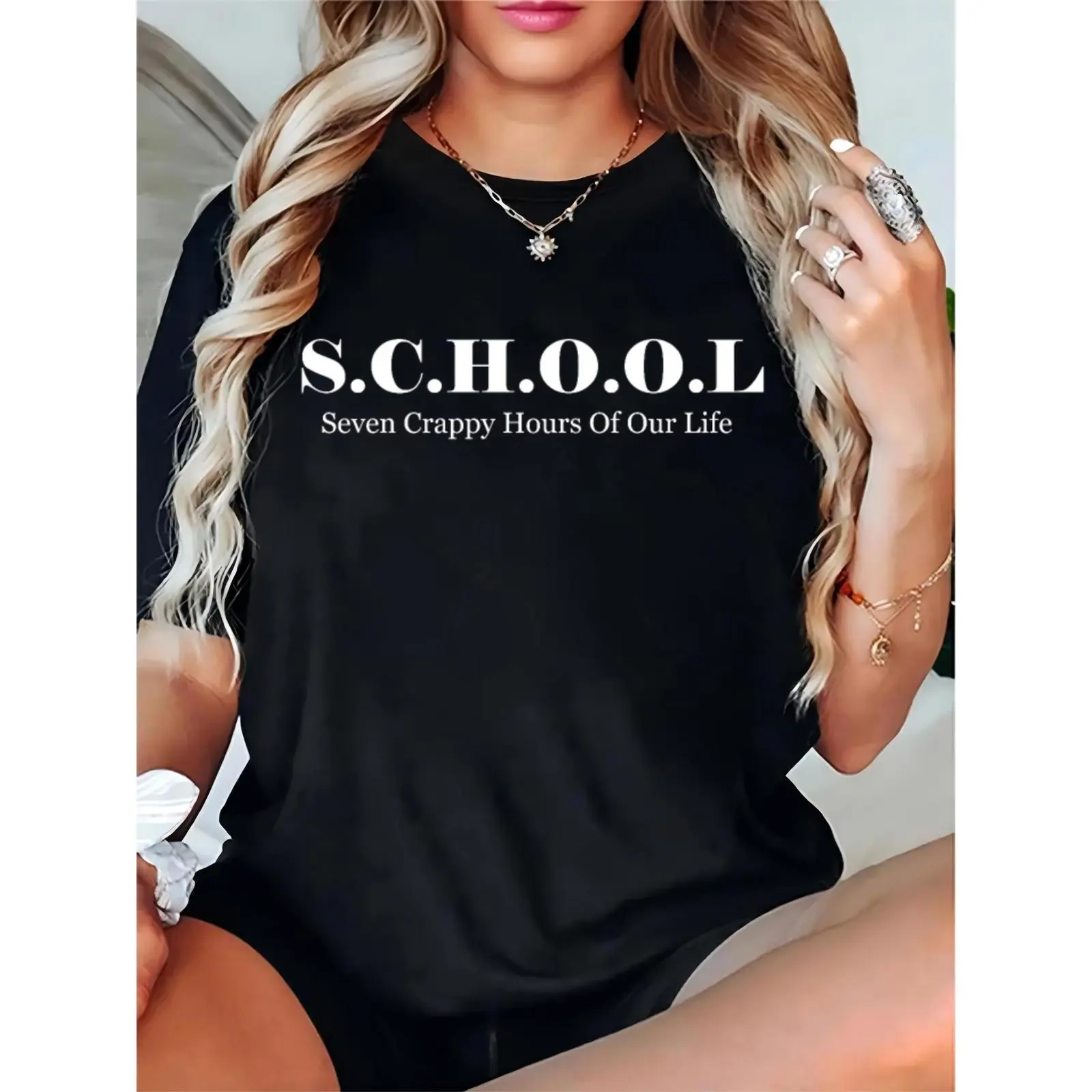 Women's Funny S.C.H.O.O.L Acronym T-Shirt - "Seven Crappy Hours Of Our Life" Graphic Tee, Casual Back to School Top for Students & Teachers, Trendy Black Short Sleeve Shirt for Everyday Wear