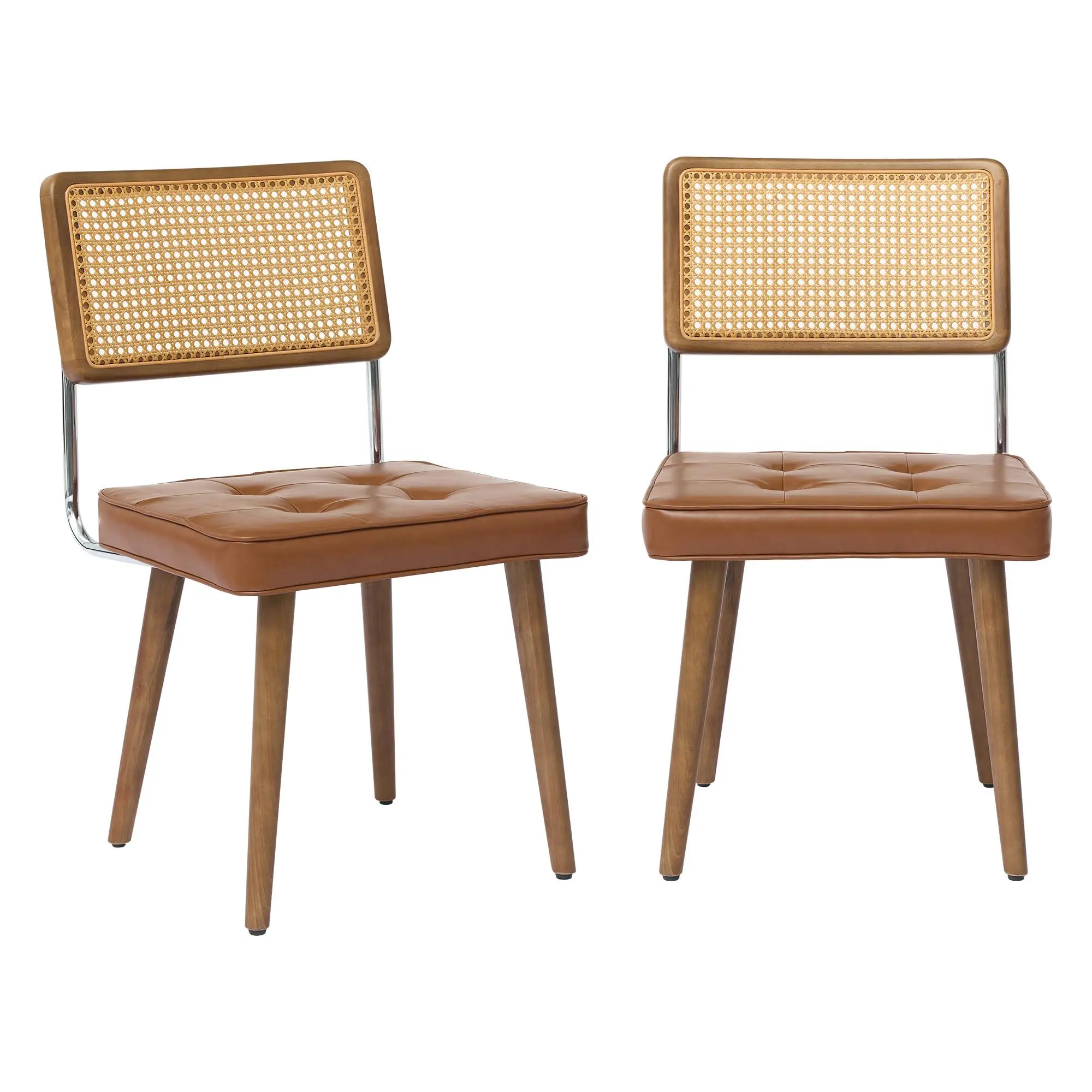 GARVEE Boho Natural Rattan & Wood Dining Chair - High Braided Back, Brown PU Leather Padded Seat, Sturdy Legs, Ideal for Kitchen, Dining Room (2pcs)