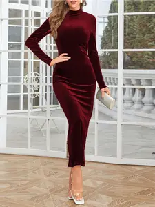 Elegant Women's Solid Color Velvet Dress, High Neck Fall Fashion Bodycon Split Hem Long Sleeve, Stylish and Slim Fit, Perfect for Casual Wear