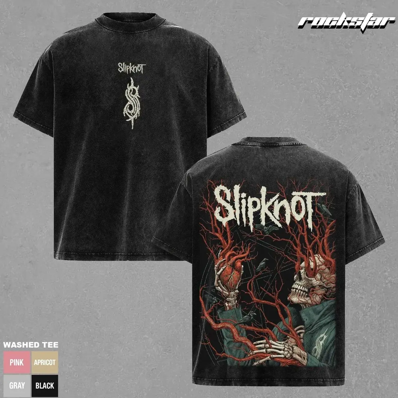 Slipknot Vintage Washed Black T-Shirt Oversized Graphic Tee Red Skull Heart Tree Design Heavyweight Cotton Streetwear Metal Rock Band Merch Music Fan Gift Emo Gothic Style Men Women 29V