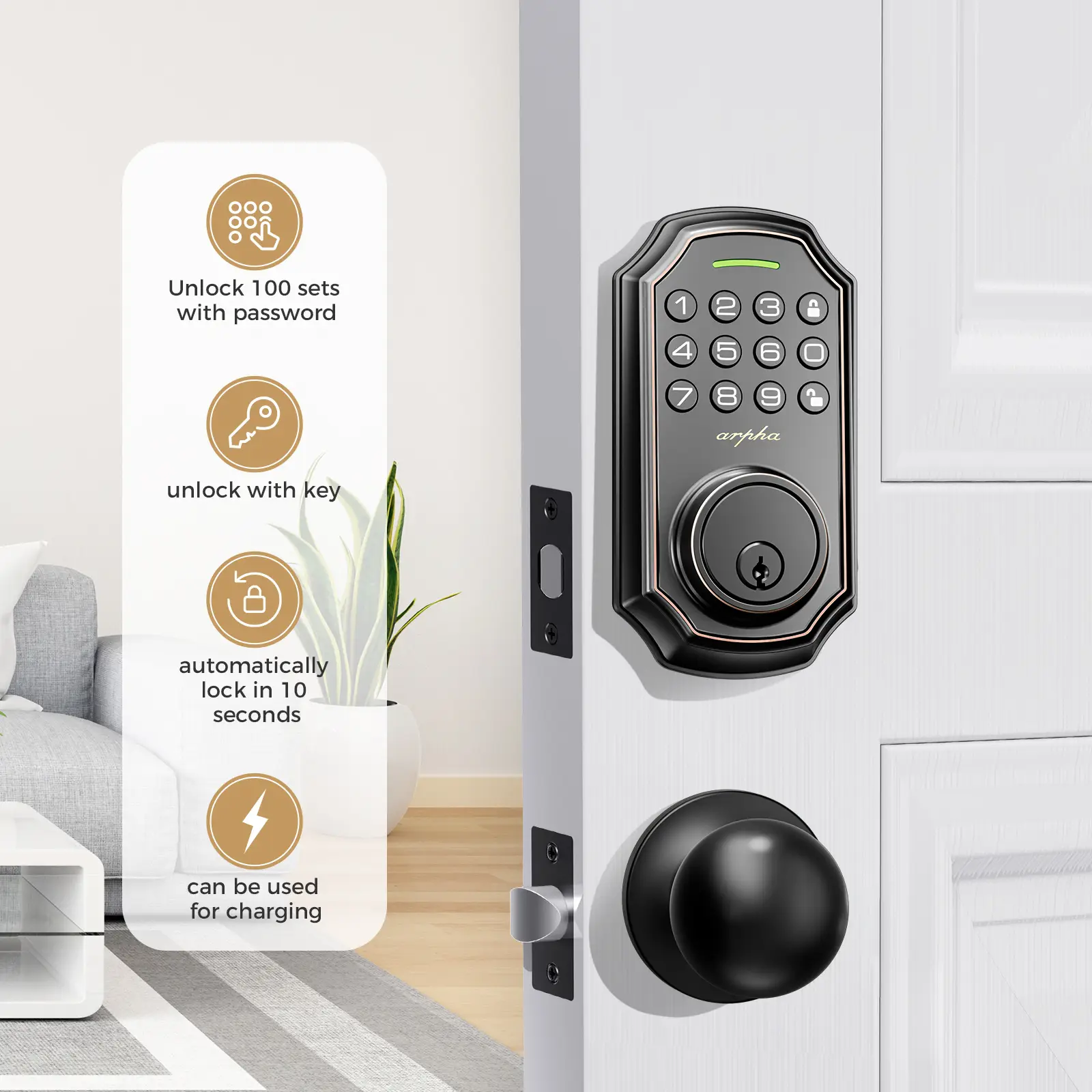 ARPHA D180 Keyless Door Lock with 100 Codes, Smart Lock with Anti Peeping Password, Keypad Deadbolt One Touch Locking, Auto Lock, Easy Install