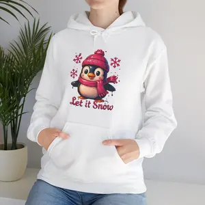 Let it Snow Penguin Hoodie - Cute Winter Hoodie with Christmas Penguin in Hat & Scarf, Holiday Sweatshirt for Women and Men
