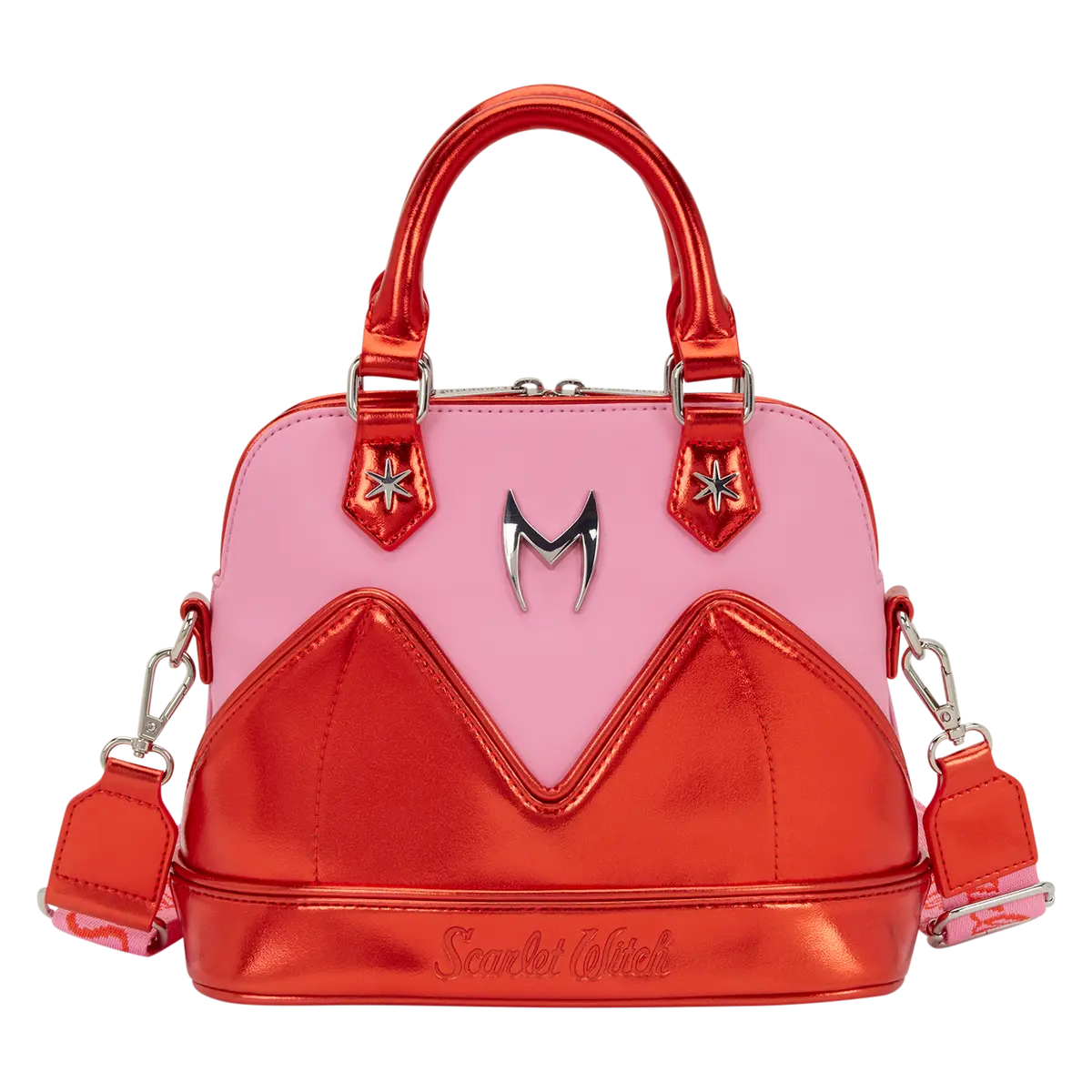 Loungefly Marvel Scarlet Witch Wanda Fashion Crossbody Handbag, Metallic Polyurethane Purse with 3D Molded Rivets & Debossed Detailing, Cross Body Bags, 3D Rivets, Jacquard Strap, Crossbody Purse, 3D Molded Metal Rivet
