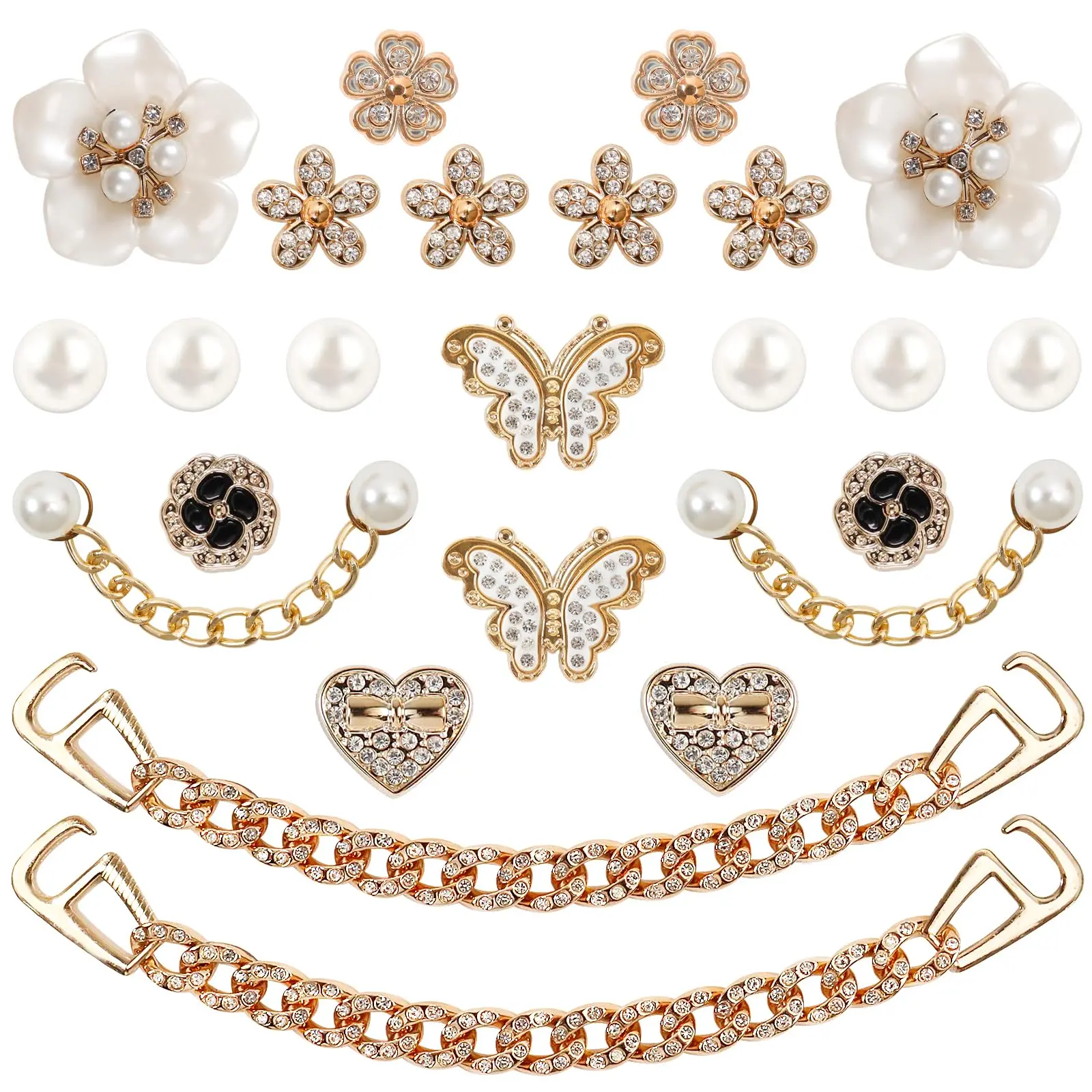 Women's 24-Piece Elegant Rhinestone Shoe Charms Set - Premium Bling Butterfly Pearl Floral Accessories with Lightweight Plastic DIY Gold Chains, Easy Hook Attachment-Removal, Halloween Multi-Purpose Ornaments, Cute, Childrens Day, Shoe Accessory