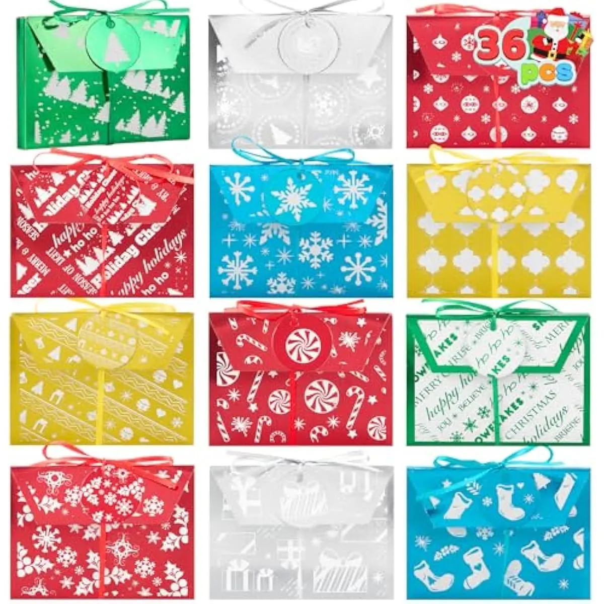 JOYIN 36PCS Christmas Fancy Foil Gift Card Holder Boxes with Ribbon, 4.5" x 3.25" x 0.4" Money Cash Envelopes Card Box for Gift Giving, Xmas Party Birthday Present Wrapping Decor, 12 Designs, 5 Colors