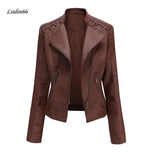 Women's Faux Leather Jacket, Long Sleeve Lapel Zip Up Moto Biker Short Coat with Pockets Basic Casual Tops Suits