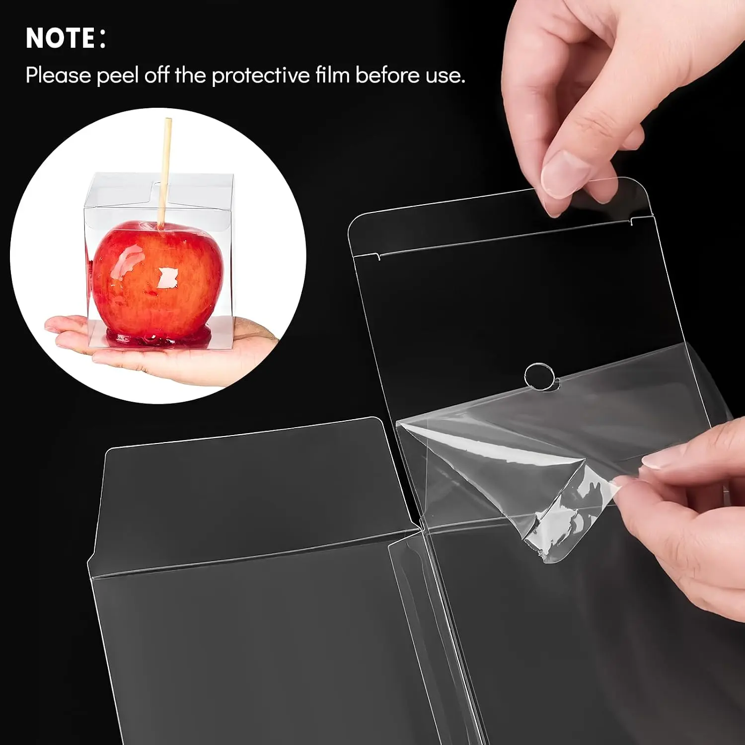4x4x4 Inches Candy Apple Boxes with Hole, 30 Pack | Food Grade Transparent Plastic Favor Boxes with Red Ribbons, for Standard and Large Caramel Apples, Chocolates, Treats