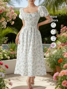 Women's Spring Summer Floral Print Puff Sleeve Dress with Bow Tie, Elegant Fitted Design with Adjustable Square Neck, Long Princess Skirt Womenswear