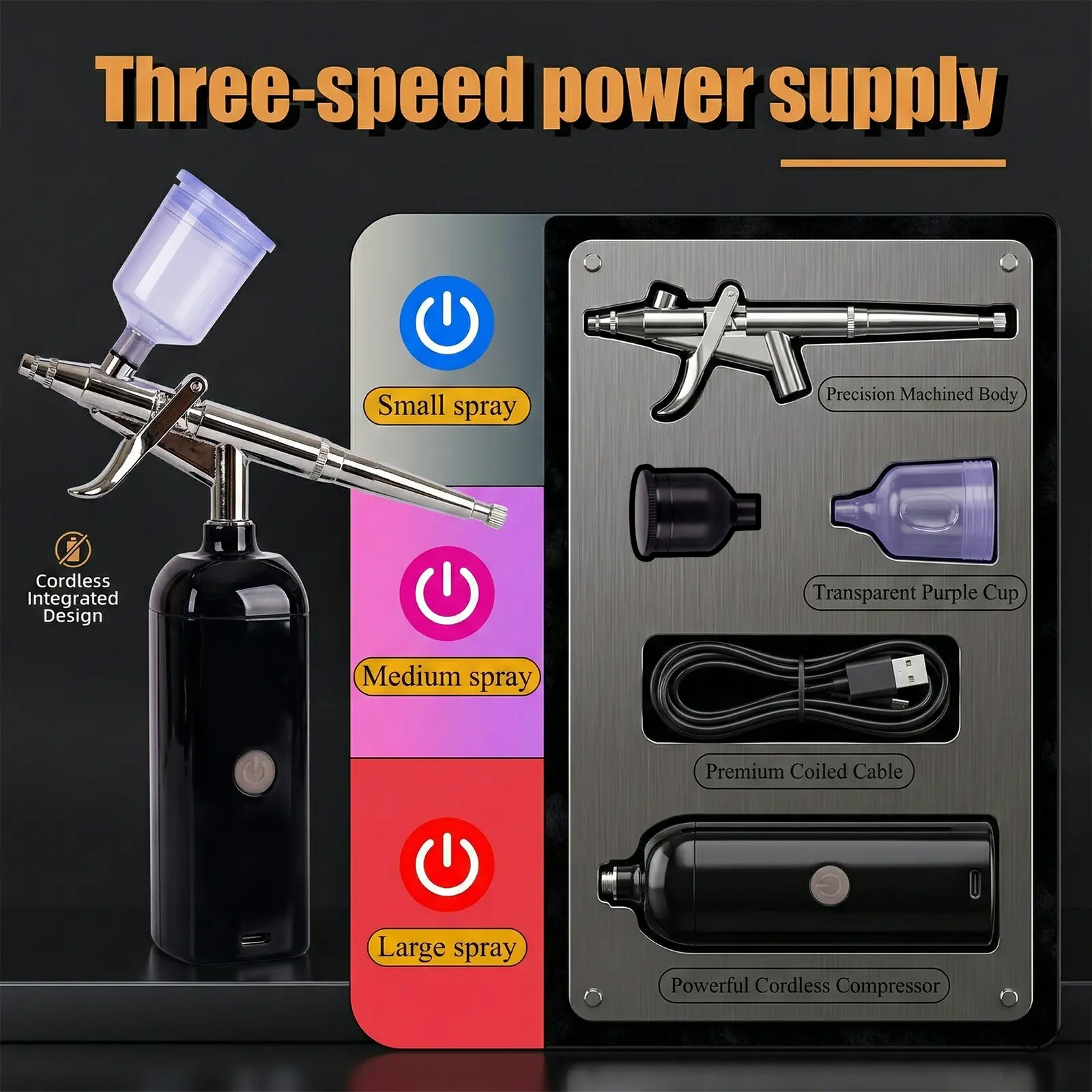 Cordless Airbrush Kit | 3-Speed Trigger Air Brush with Compressor | 2 Fluid Cups for Nail Art, Model Painting & Makeup