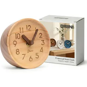 Wooden Analog Desktop Clock – 4.3 in. Decorative Pinewood, No-Tick Design – Easy to Read Silent Sweep Mantle Clock – Quiet Tabletop Clocks with Wood Body, Hands, & Battery Cover; Light