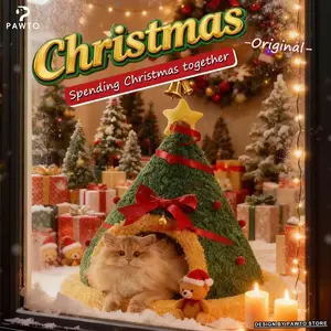PAWTO Christmas Tree Shape Winter Cat Bed Soft Cottony Removable for Easy Cleaning Festive Atmosphere Cozy Holiday Themed Nest Original Design Kitten Tower Bedding