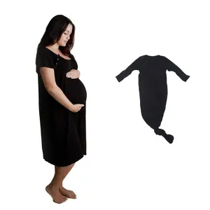 Ribbed Black Labor & Delivery Maternity Mommy Gown With Black Knotted Baby Gown