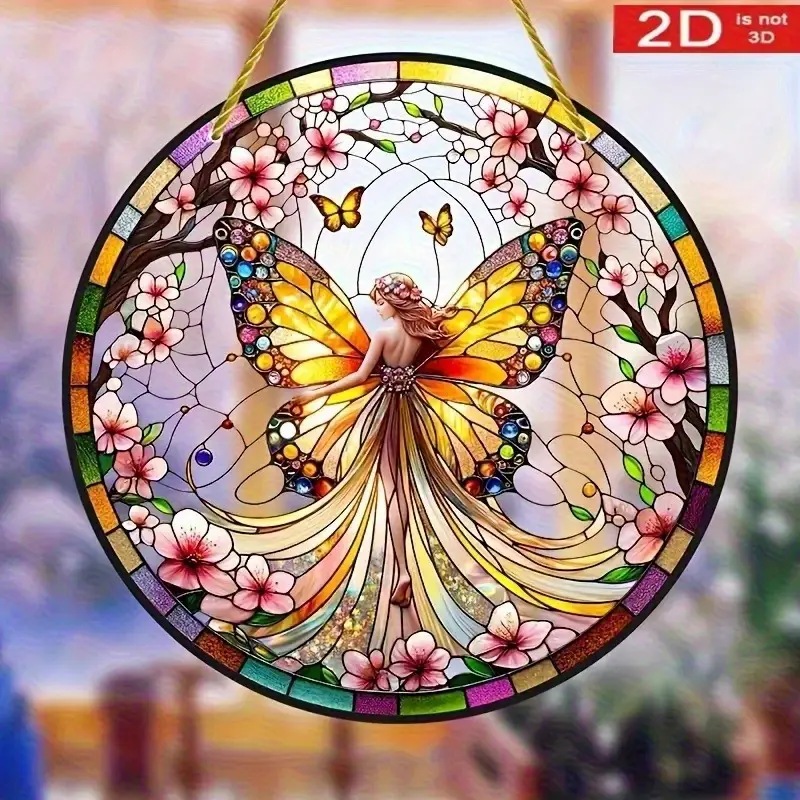 2D Flat, 2D Butterfly Fairy Sun Catcher, 2.36 Inches, Stained Glass Style Window Hanging, Plastic Decoration for Bedroom, Porch, Garden, Valentine's Day Gift, Movie-Themed Decor, 2D Flat,Smart