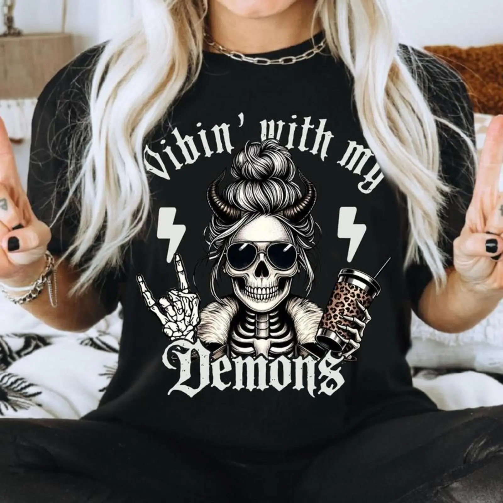 Women's Short-Sleeve Round Neck T-Shirt - Gothic "With My Demons" Skeleton Print, Dark Humor Proverbs, Check-Print Casual Streetwear Sports Top, Shortsleeve, Tshirt