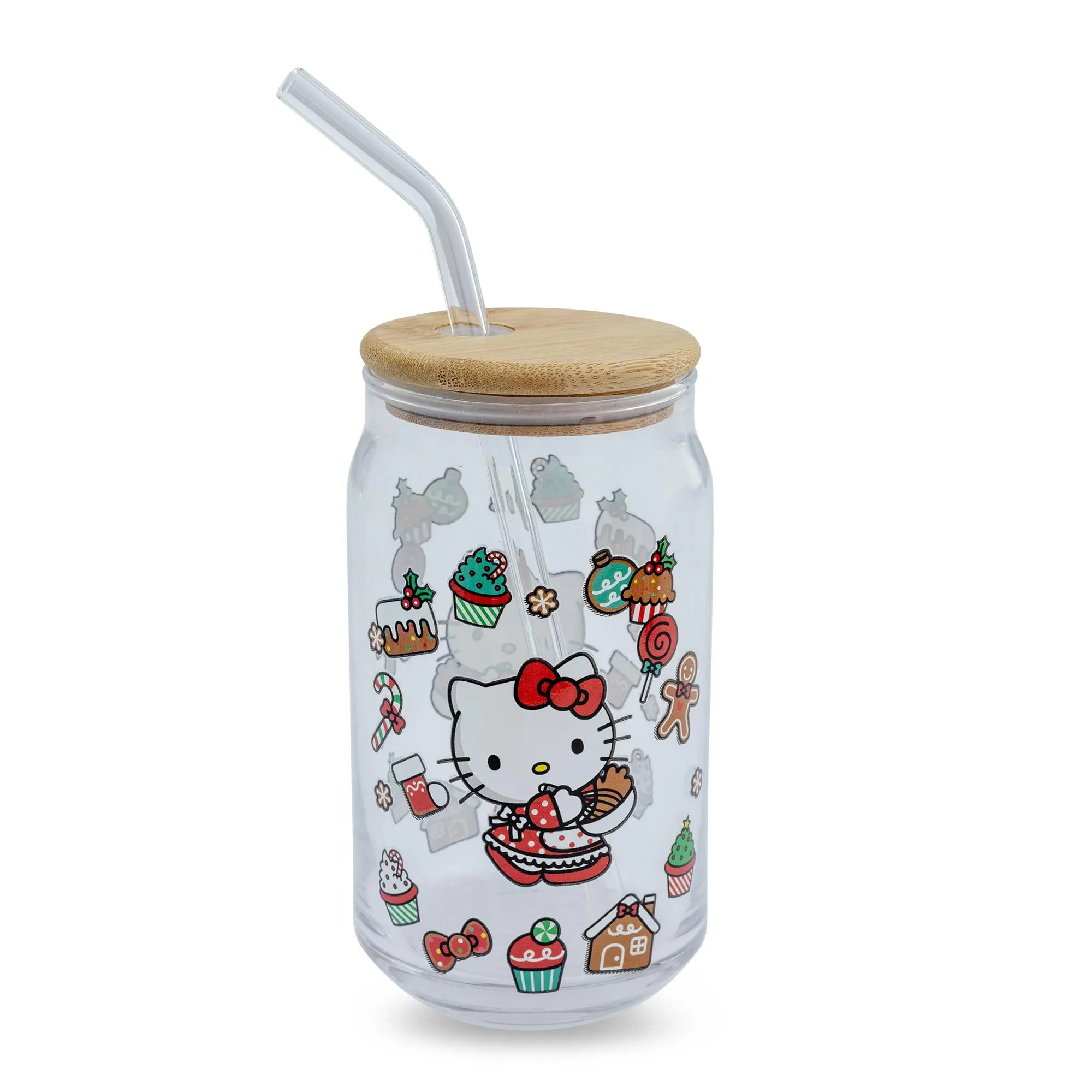 Sanrio Hello Kitty Holiday 16-Ounce Glass Tumbler With Bamboo Lid and Straw