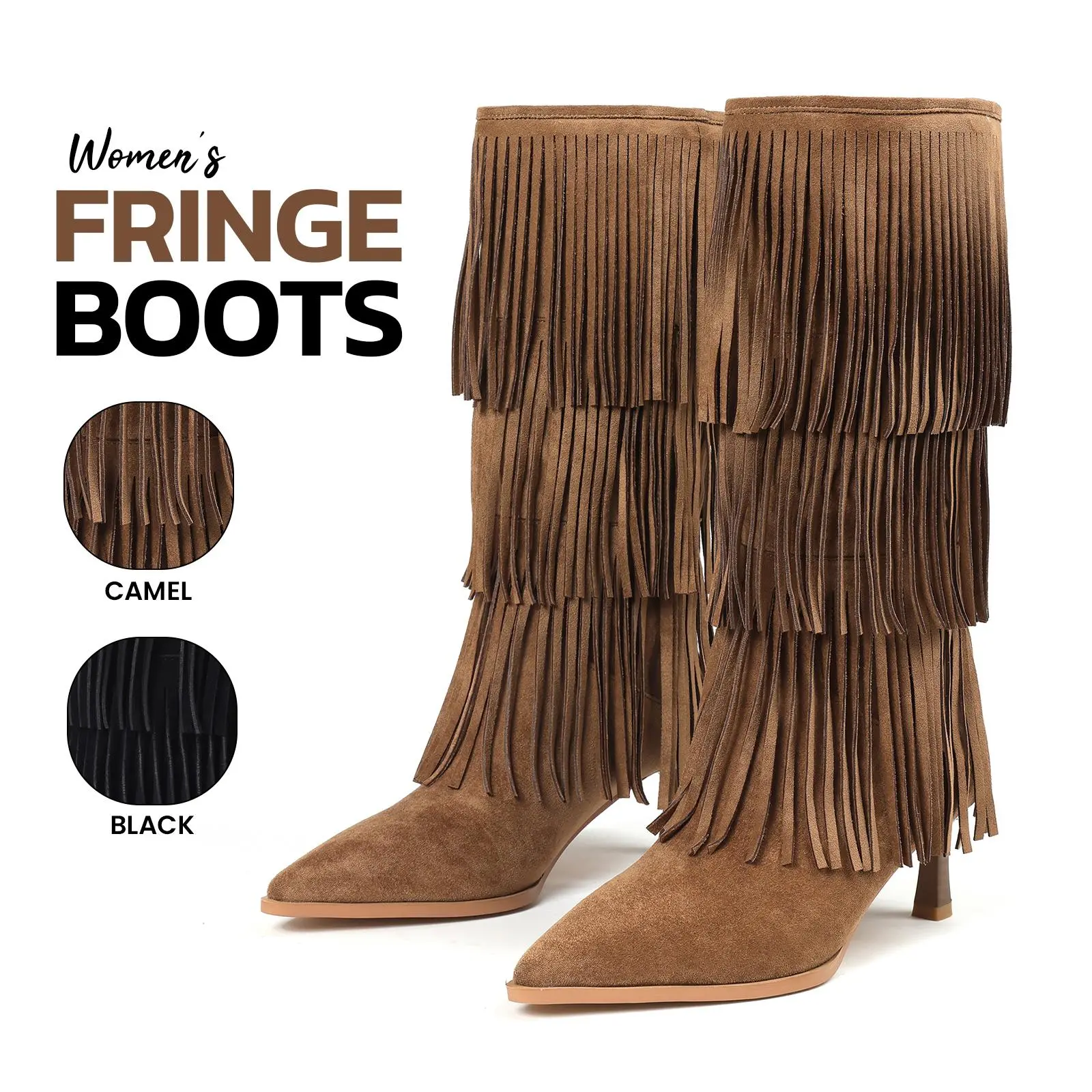 Fringe Boots For Women Mid Calf Boot Pointed Toe Kitten Heel Pull On Suede Wide Calf Tassels Fashion Retro Chic Party Date Festival Dress Concert Trendy Fringe Booties