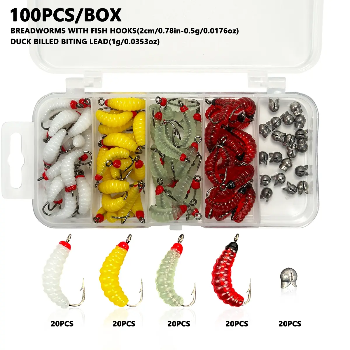 100pcs silicone artificial maggot bait with hook, fly fishing maggot and grub bait, 1g duckbill bite lead bait, trout bait and fishing gear, Simulation Fishing Lure, Fishing Lures, Fishing Equipment