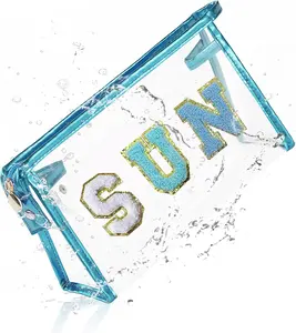 Clear Makeup Bag Sunscreen Pouch Beach Vacation Essentials Waterproof Summer Stuff Travel Toiletry Purse for Women Teen Girl Personalized Easter Gifts with Preppy Chenille Letter Blue SUN SPF