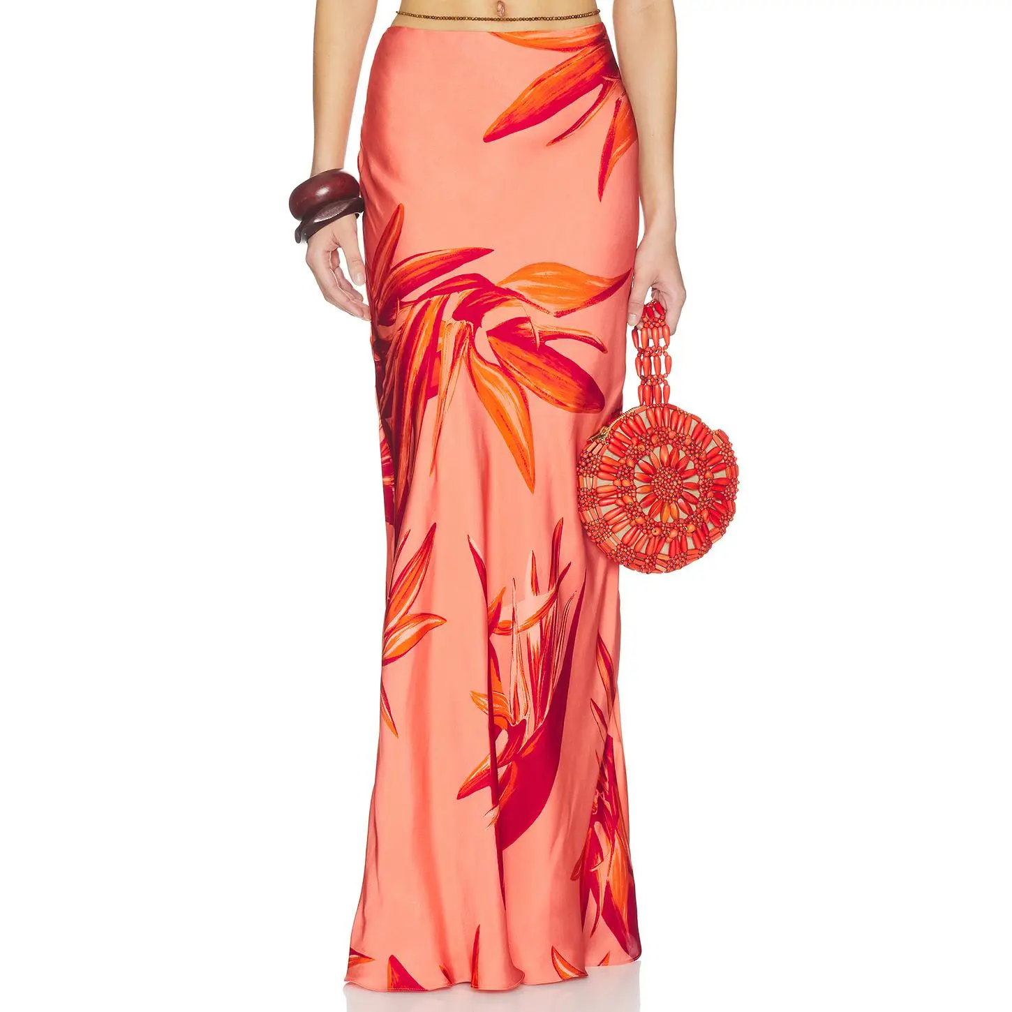 Women's ROCOCO SAND Satin Fabric Maxi Skirt - Terracotta Style with Zipper