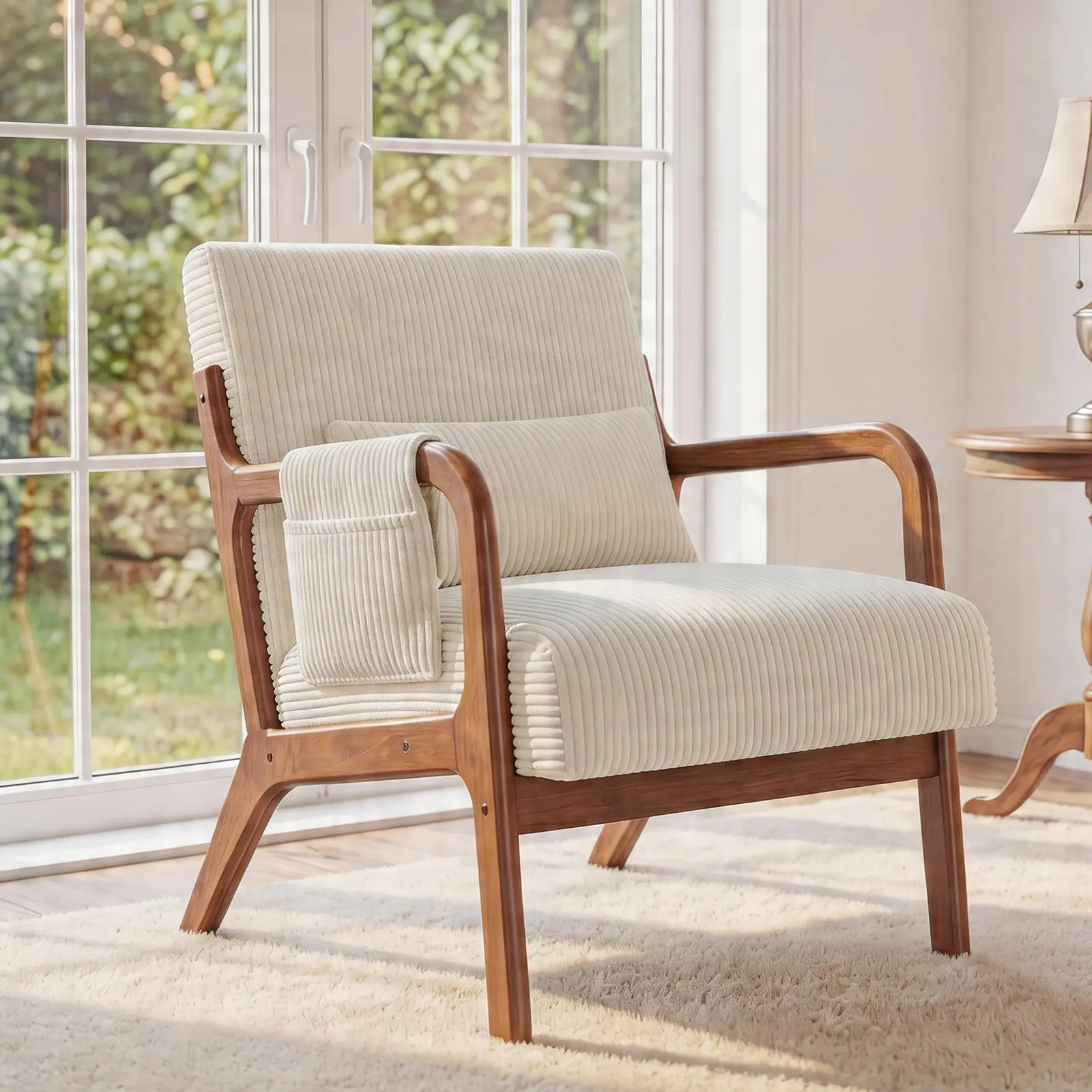 DUMOS Mid Century Modern Accent Chair, Lounge Chair with Cushion, Solid Wood Chair with Arms, Reading Chair for Living Room, Bedroom