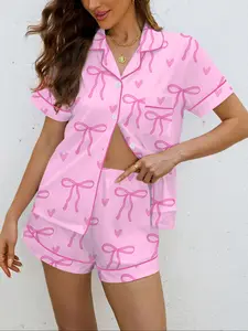 Women's Bow Print Pajama Set, Pjs, Casual Fitted Knit Shirt & Elastic Shorts, Soft All-Season Sleepwear, Comfortable Loungewear Home Wear, Homewear, Outfit, Pajama Lounge Sets