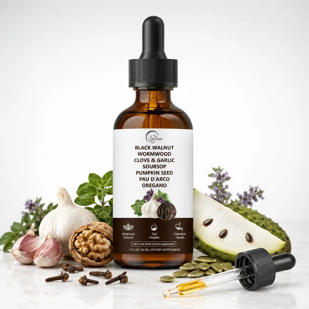 Black Walnut Herbal Liquid Drops Multi-Herbal Mix with Wormwood, Clove, Soursop, Pumpkin Seed, Garlic, Oregano, 10-in-1 Botanical Extract Blend, Easy-Use Dropper Supplement, Prop 65 Safe, 2 FL OZ/60 ML